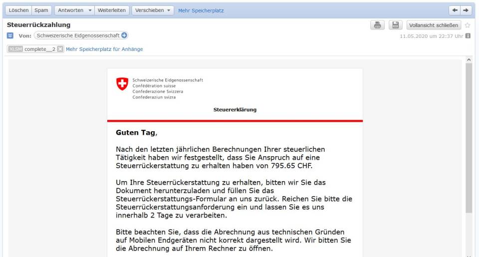 Vorsicht vor E-Mails mit angeblicher Steuerrückerstattung