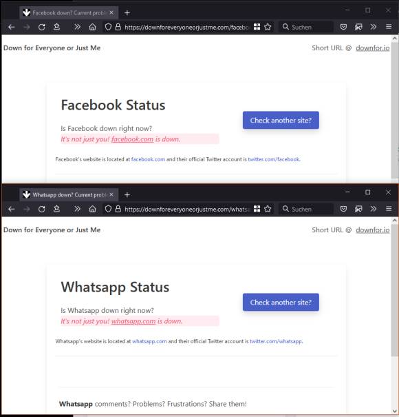 Screenshots isup.me: Facebook und WhatsApp sind auch down