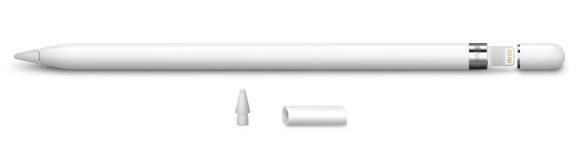 Der weisse Apple Pencil mit Lightning-Anschluss, Ersatzspitze und Lightning-Adapter