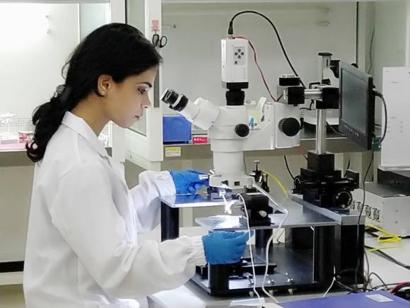 Forscherin in einem Labor sitzt vor einem Mikroskop 