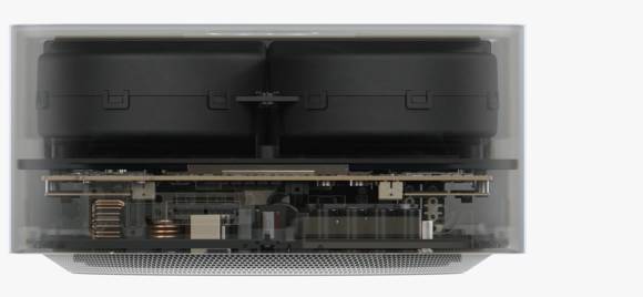 Das Foto zeigt das halbtransparente Gehäuse des Mac Studio mit seinem internen Aufbau