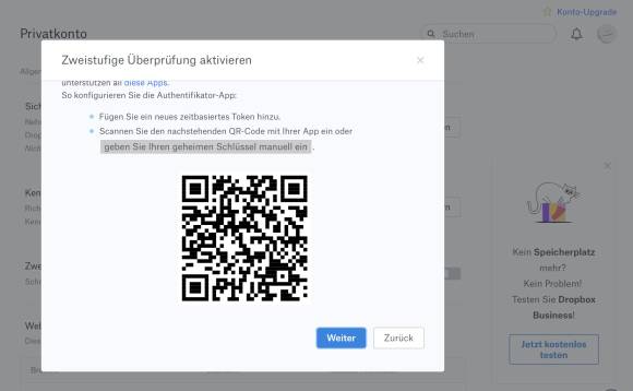 Der QR-Code aktiviert diese Form der 2FA