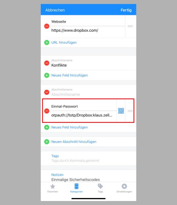 Token lassen sich auch in 1Password erzeugen