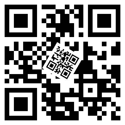 Zwei ineinander verschachtelte QR-Codes: Bei dem grossen ist die Fehlerkorrektur auf Hoch eingestellt. Das Programm findet beide QR-Codes und stellt den fehlenden Bereich des grossen Codes mit Hilfe der Fehlerkorrektur wieder her, um den richtigen Inhalt zu erhalten.