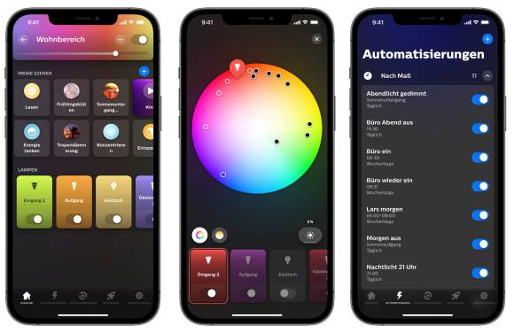 Die Abbildung besteht aus drei iPhone-Screenshots, auf denen die offizielle Hue-App gezeigt wird