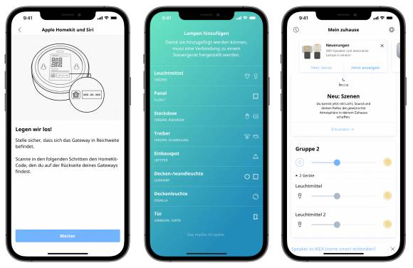 Die Abbildung besteht aus drei iPhone-Screenshots, auf denen die Steuerung mit der App von Ikea gezeigt wird