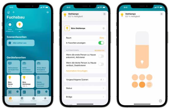 Die Abbildung besteht aus drei iPhone-Screenshots, auf denen die Home-Kit-App von Apple gezeigt wird