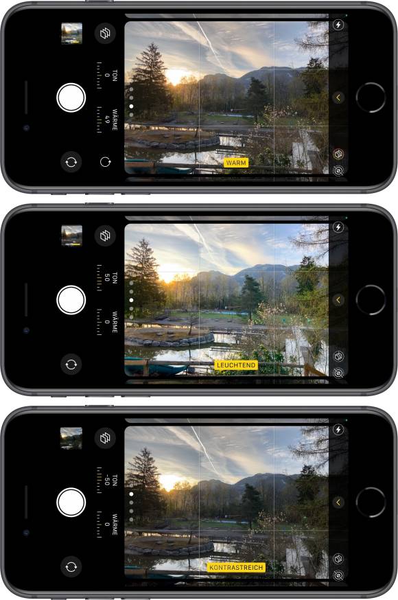 Die Fotostile unterscheiden sich je nach Motiv sehr subtil, aber die sie helfen bei der Suche nach den Lieblingsfarben und -kontrasten Das Foto zeigt drei iPhone SE mit verschiedenen Foto-Stilen