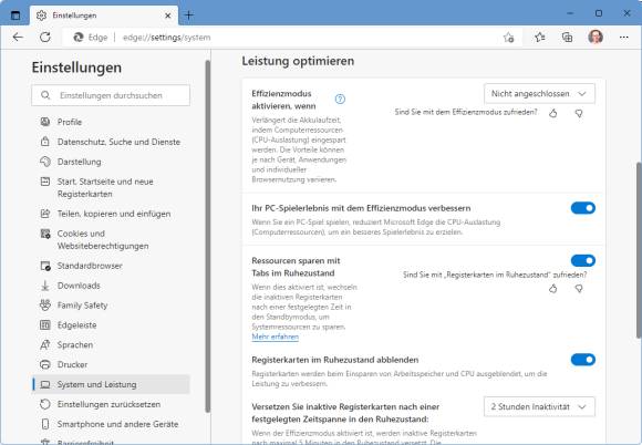 Screenshot Edge-Energiespareinstellungen