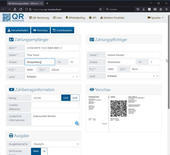 Screenshot der Web-App app.qr-invoice.cloud