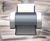 Ein grosser, unscharfer Papierstapel im Hingergrund wird vom Symbol für die Druckeinstellungen überlagert