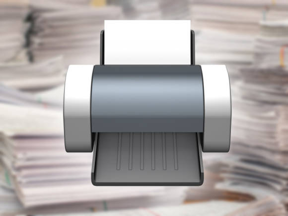 Ein grosser, unscharfer Papierstapel im Hingergrund wird vom Symbol für die Druckeinstellungen überlagert 