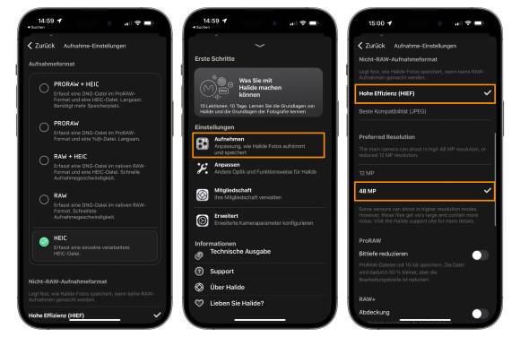 Drei iPhones nebeneinander zeigen veschiedene Einstellungen der Kamera-App «Halide Mark II»