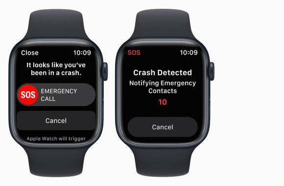 Zwei Apples Watches zeigen die Reaktion auf einen Unfall, indem der Notruf automatisch kontaktiert wird