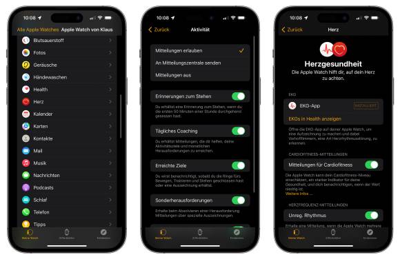 Drei iPhones zeigen nebeneinander die Einstellungen zu den zahlreichen Fitness- und Gesundheitsfunktionen