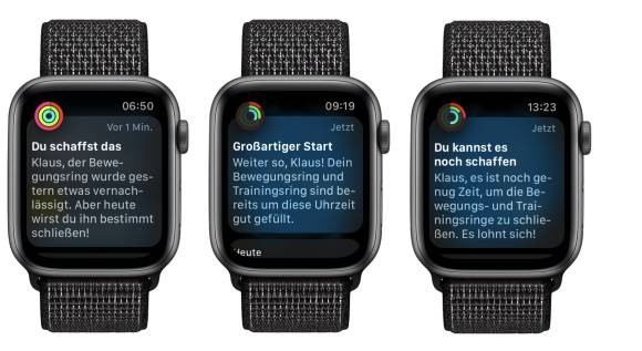 Das Bild zeigt drei Apple Watches nebeneinander, die etwas penetrant auf die Fitness-Defizite hinweisen