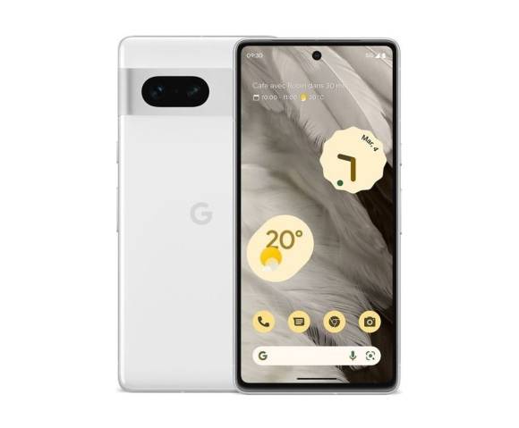 Vorder und Rückseite eines weissen Google Pixel 7 