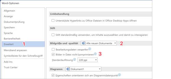 Der Screenshot zeigt die Optionen von Word, die festlegen, wie und wann Bilder konvertiert werden