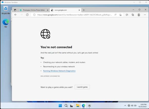 Die Fehlermeldung im Sandbox-Webbrowser sagt: You're not connected