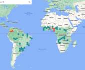 Die FloodHub-Weltkarte mit markierten Gebieten
