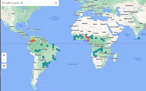 Die FloodHub-Weltkarte mit markierten Gebieten 
