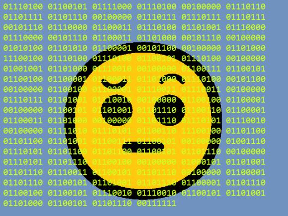 Skeptisch guckendes Emoji, umgeben von Binärcode 