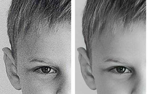 Vergrösserter Ausschnitt eines Schwarzweiss-Kinderportraits, links vor und rechts nach dem Schärfen