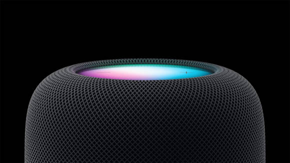 Das beleuchtete Bedienfeld eines schwarzen HomePods 