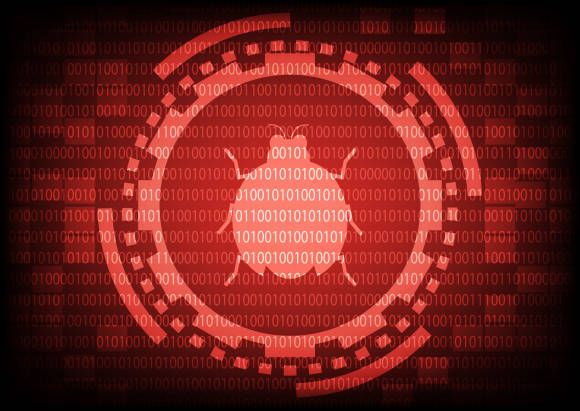 Symbolbild zeigt Schädlings-Käfer auf einem roten Hintergrund mit Nullen und Einsen 