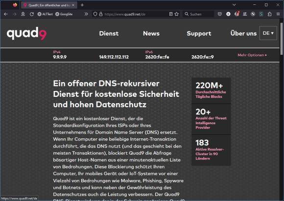 Screenshot der Quad9-Webseite 