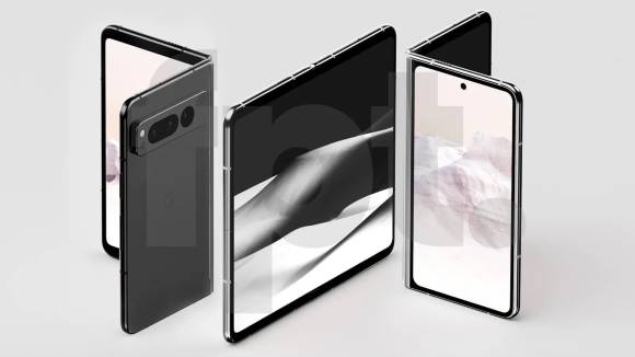 Drei Darstellungen von Renderings des mutmasslichen Pixel-Fold-Smartphones