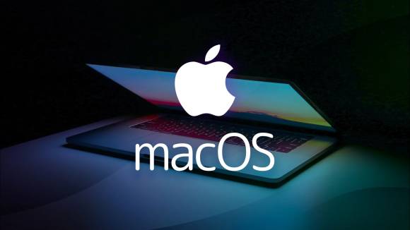 Ein Apple Mac-OS-Logo über einem halb aufgeklappten MacBook