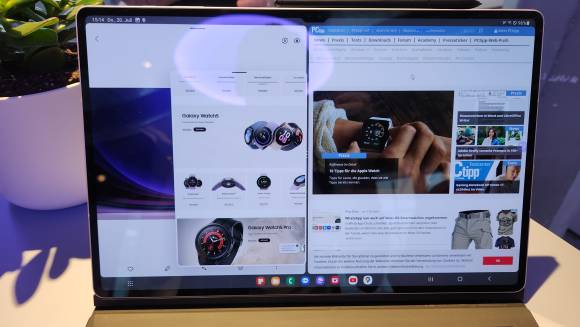 Galaxy Tab S9 Ultra von vorne mit PCtipp-Webseite im Browser geöffnet