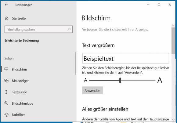Textgrössen-Einstellungen in Windows 10