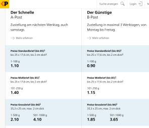 Preise und Formate Briefe Schweiz