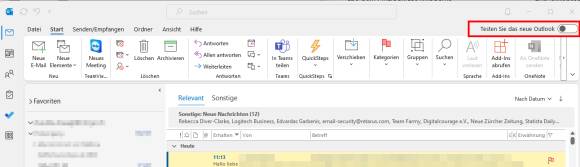 Outlook mit Kippschalter für den Wechsel zum neuen Outlook 