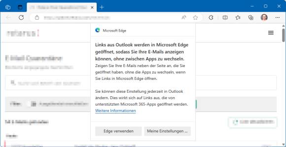 Pop-up informiert in einem Edge-Fenster, dass der in Outlook geöffnete Link jetzt in Edge erscheint 