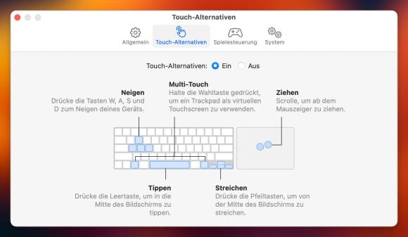 Die Einstellungen der alternativen Touch-Steuerung