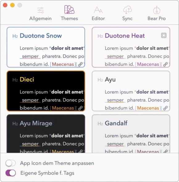 Screenshot Darstellungs-Themes in Bear