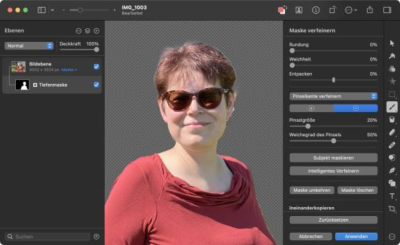 Pixelmator auf dem Mac zeigt freigestelltes Porträt einer Frau