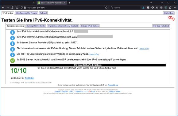 Screenshot einer IP-V-6-Testseite