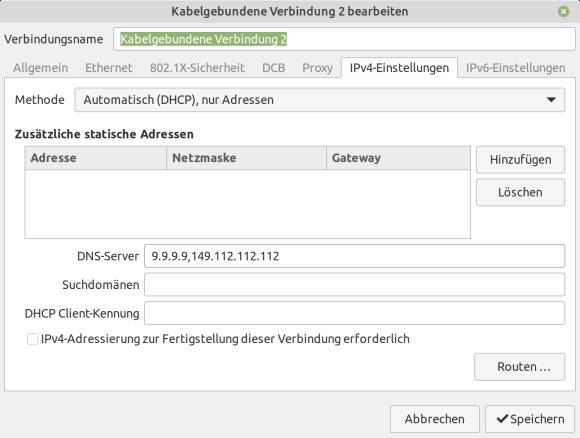 Screenshot IPv4-Einstellungen unter Linux