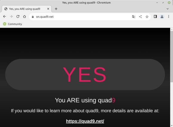 Screenshot der Webseite, die bestätigt: Quad9 ist eingerichtet 