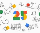 Google-typische Illustration mit der Zahl 25, umgeben von Symbolen aus den Google-Apps