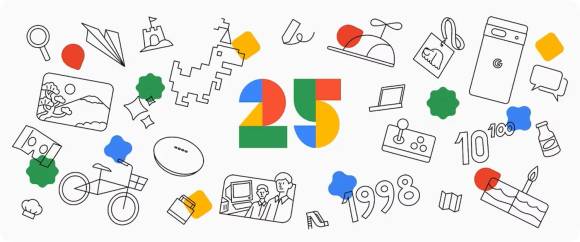 Google-typische Illustration mit der Zahl 25, umgeben von Symbolen aus den Google-Apps 