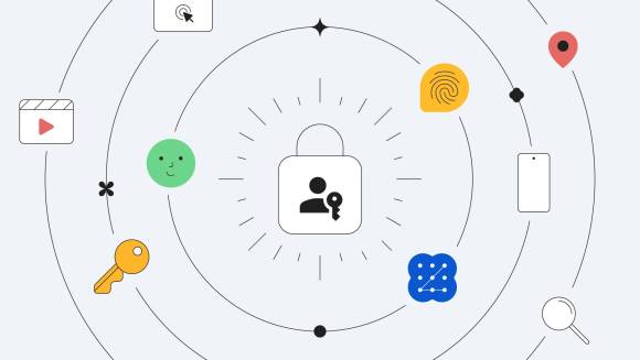 Googles Illustration zu Passkeys mit diversen Sicherheits- und Online-Symbolen 