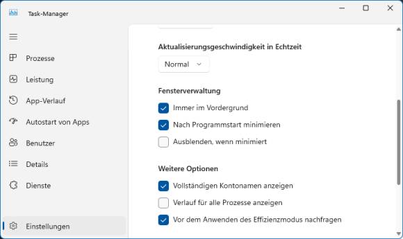 Die Task-Manager-Einstellung für "Immer im Vordergrund"