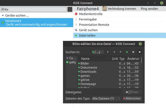 Screenshot von KDE Connect unter Linux 