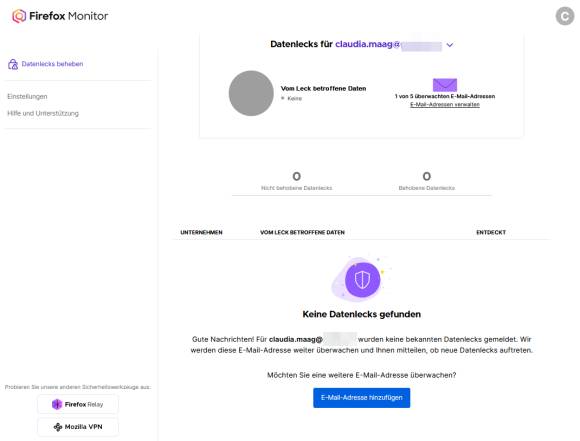 Firefox Monitor meldet für eine andere Adresse kein Leck