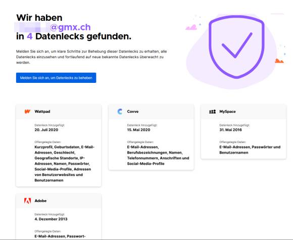 E-Mailadresse mit 4 bekannten Datenlecks